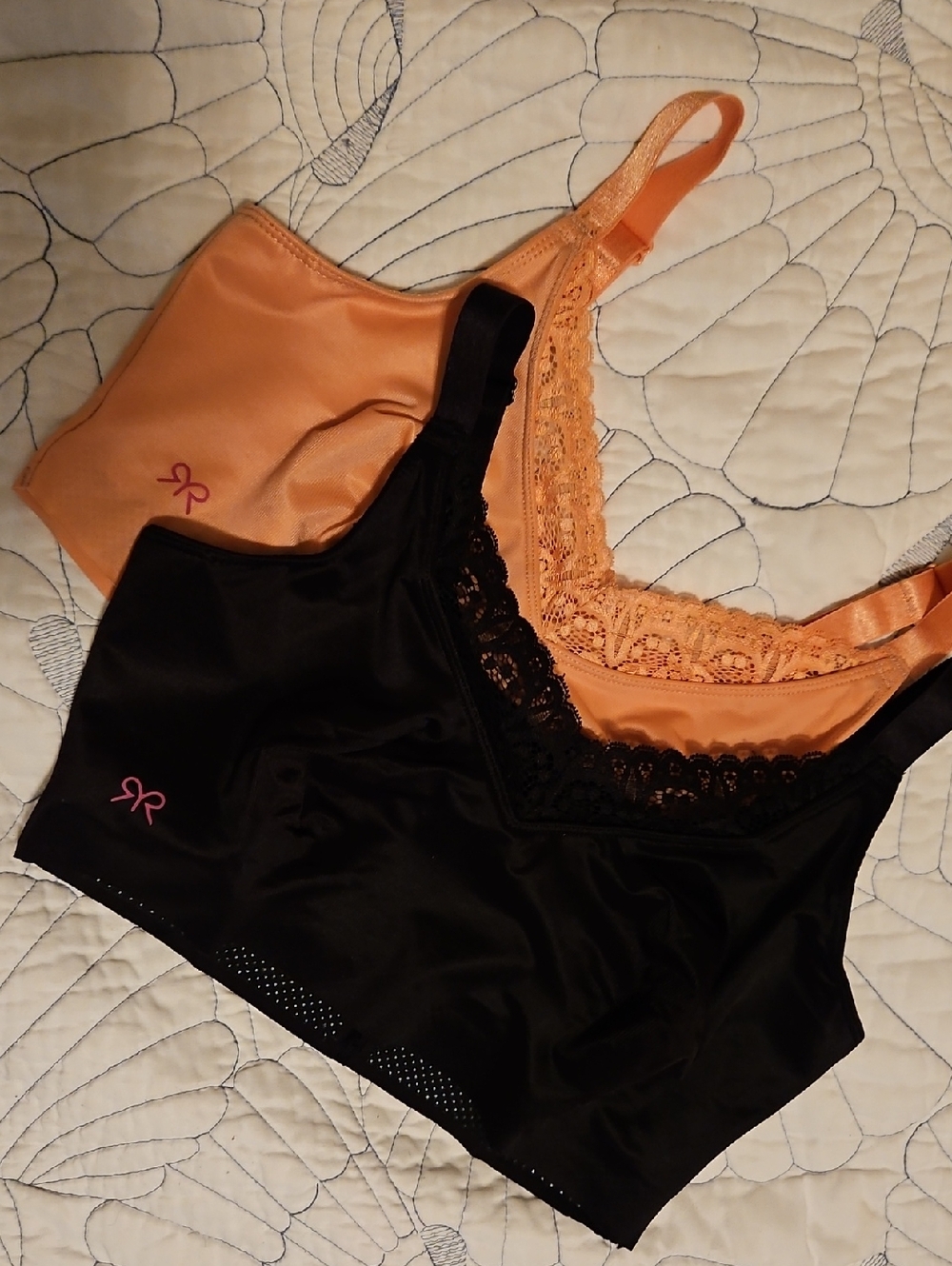 BOGO Ruby Ribbon ReStyle Demi Lace-Trim Bralette in Black & Peach #1809,  32